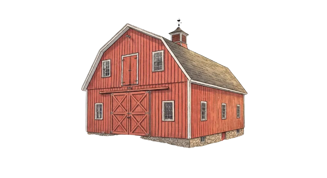 Red barn with closed doors